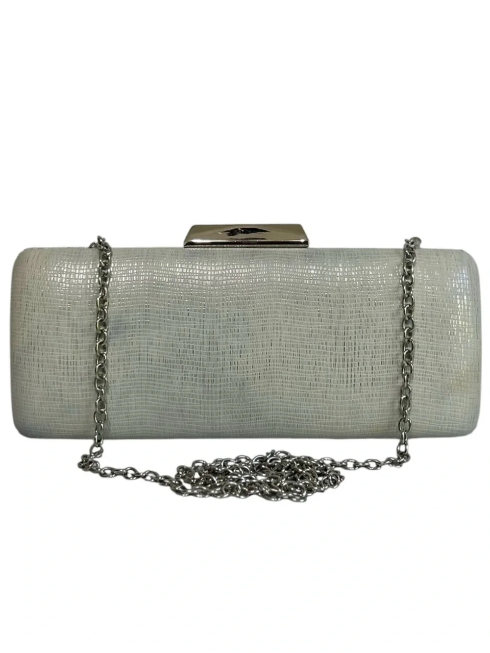 Neiman Marcus Evening Clutch White Silver Rectangle Hard Shell Wedding Purse